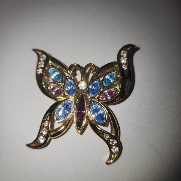 VINTAGE GOLDTONE BLUE RHINESTONE BUTTERFLY BROOCH PIN - Picture 2 of 4